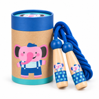 Wooden skipping rope with pink elephant beech handles and blue braided cotton rope