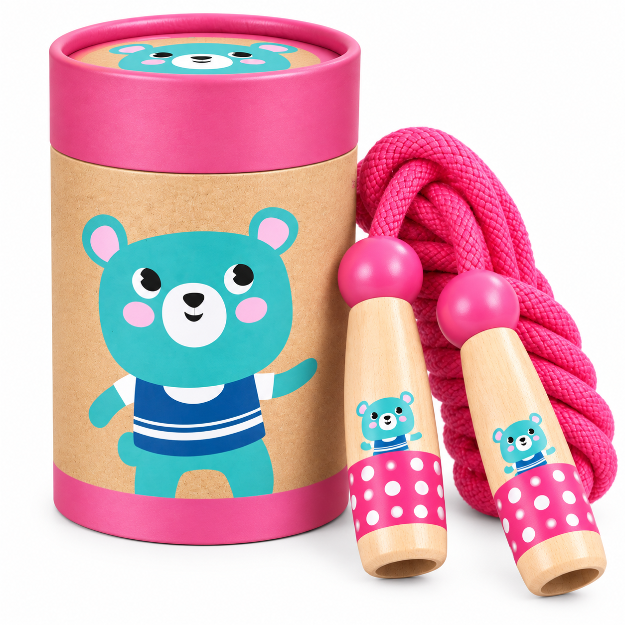 Wooden Skipping Rope – Bear Design, Beech Handles, Cotton Rope, Adjustable 3–5 m, Ages 3+