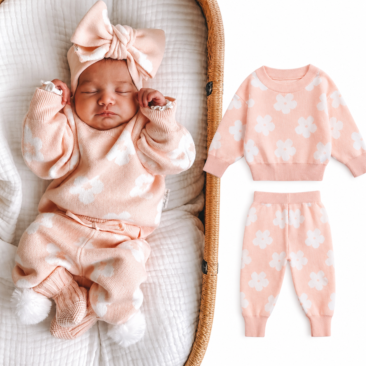 Floral Knit Two-Piece Baby Set - Pink
