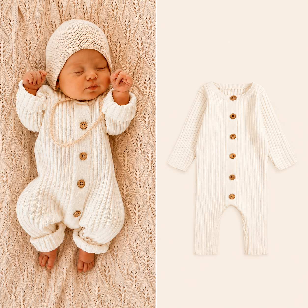 Ribbed Knit Baby All-in-One - Cream Cotton Blend Button Front Romper, 0 to 24 Months