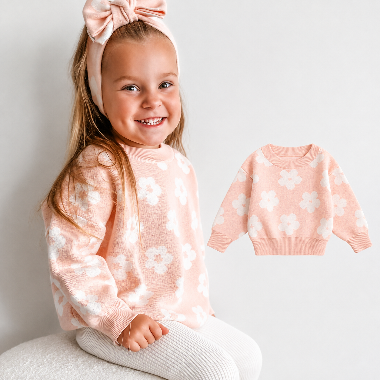 Cotton Knitted Jumper for Girls - Flower Stitch Pull On Top, 18 Months to 6 Years