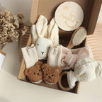 Newborn Gift Box Set, Comforter, Bib and Socks, styled with props