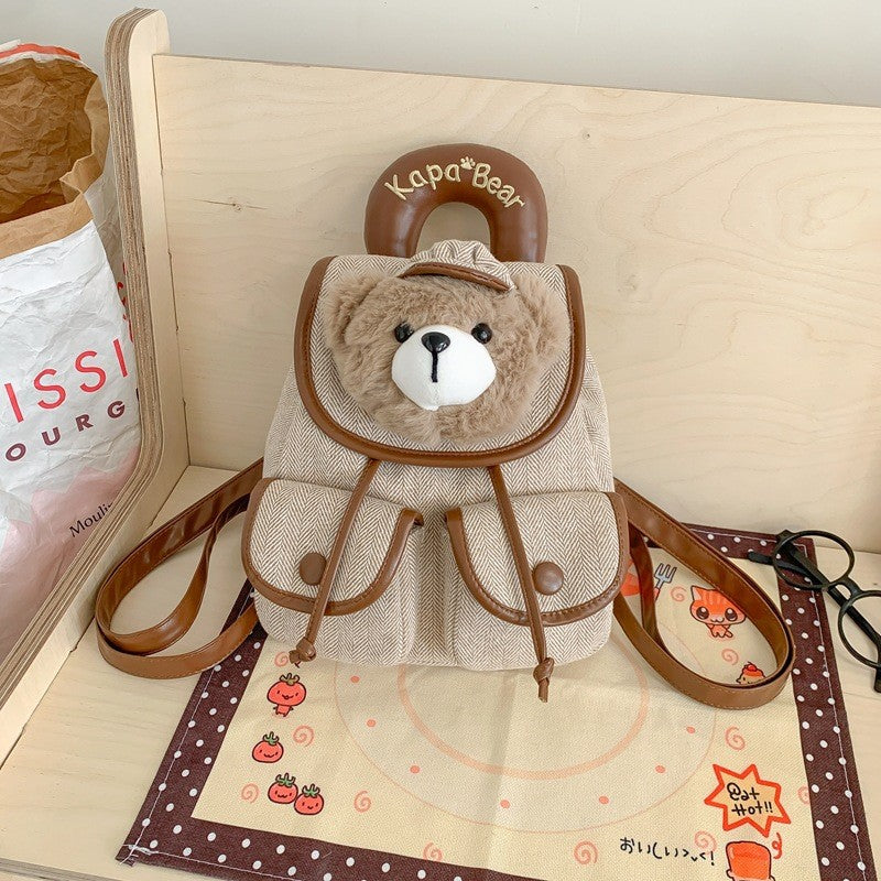 Khaki Bear plush gingham drawstring mini backpack, 20 x 22 cm