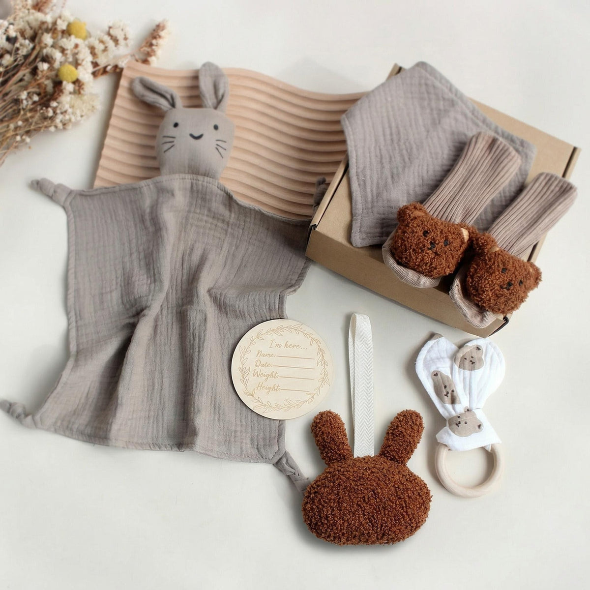 Dark Khaki Cat boxed newborn gift set with comforter, bib and socks