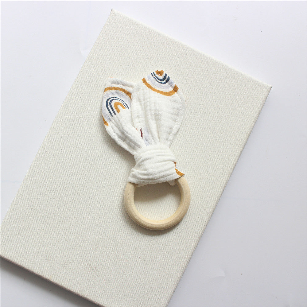 Rainbow wooden teething ring with cotton gauze bunny ears