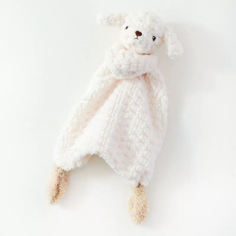 Baby comforter with plush bunny, bear or puppy head on a small comforter blanket – Style A, Beige Puppy