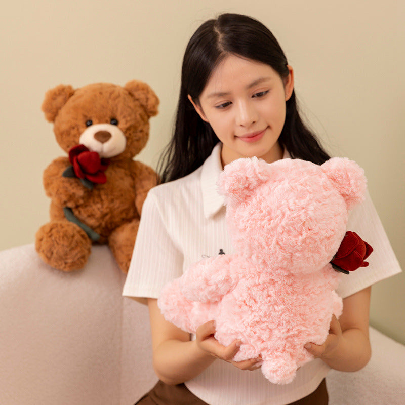 Curly plush teddy bear holding a red fabric rose with a green stem, 30cm – view 5 of 7