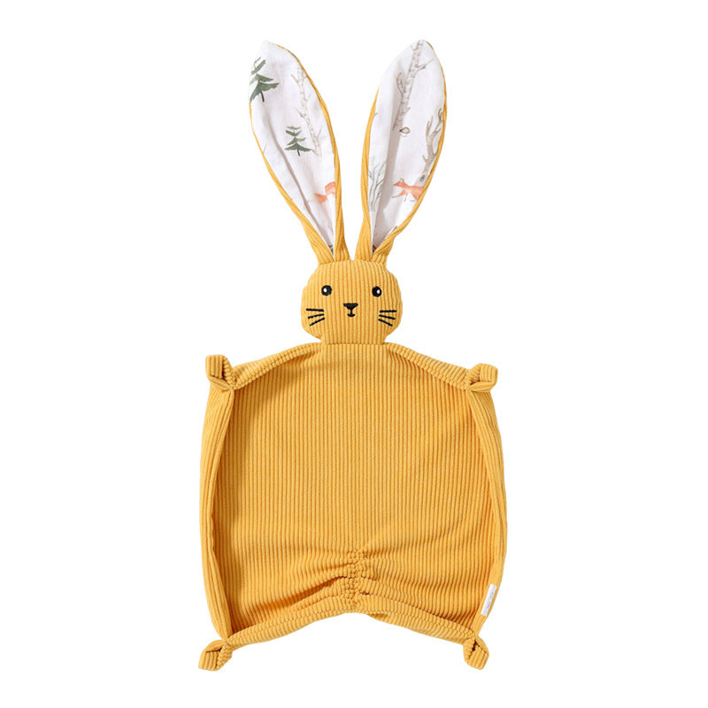 Corduroy bunny baby comforter with long floppy ears and embroidered face