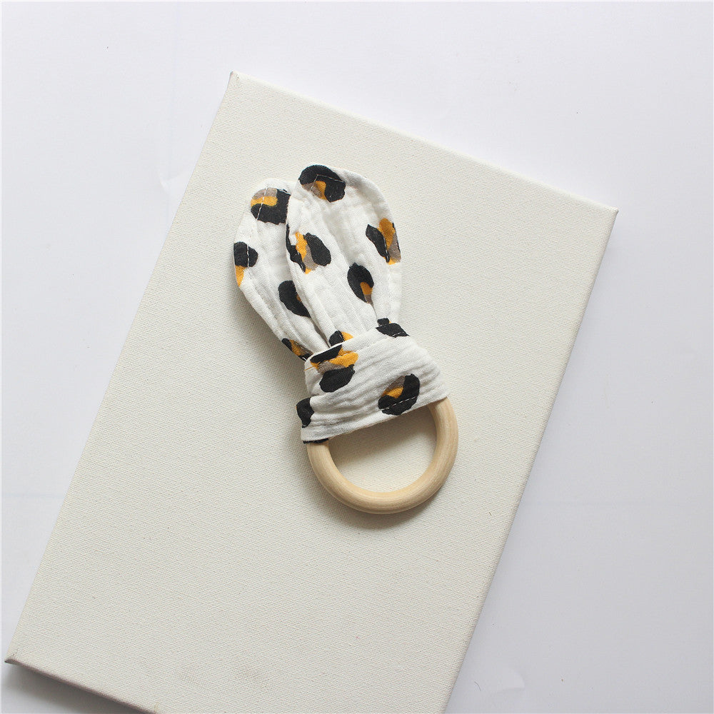Leopard wooden teething ring with cotton gauze bunny ears