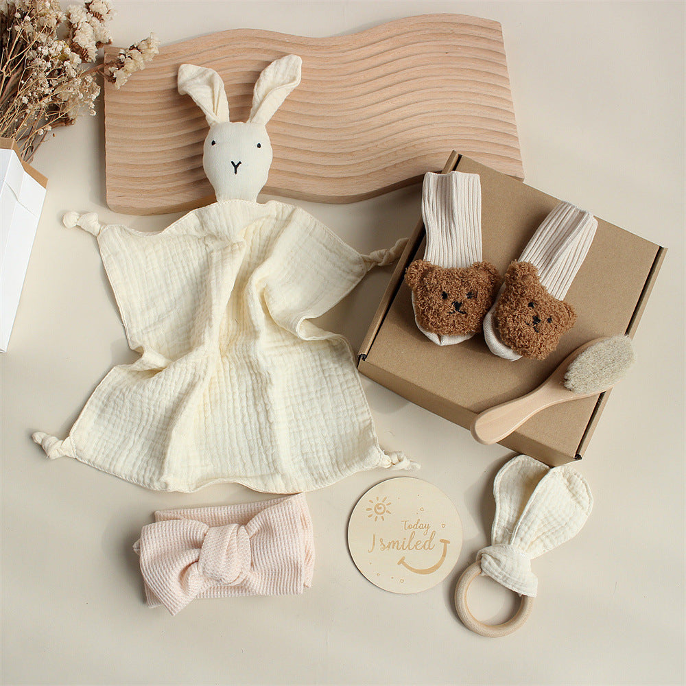 Cream Bunny boxed newborn gift set with comforter, bib and socks