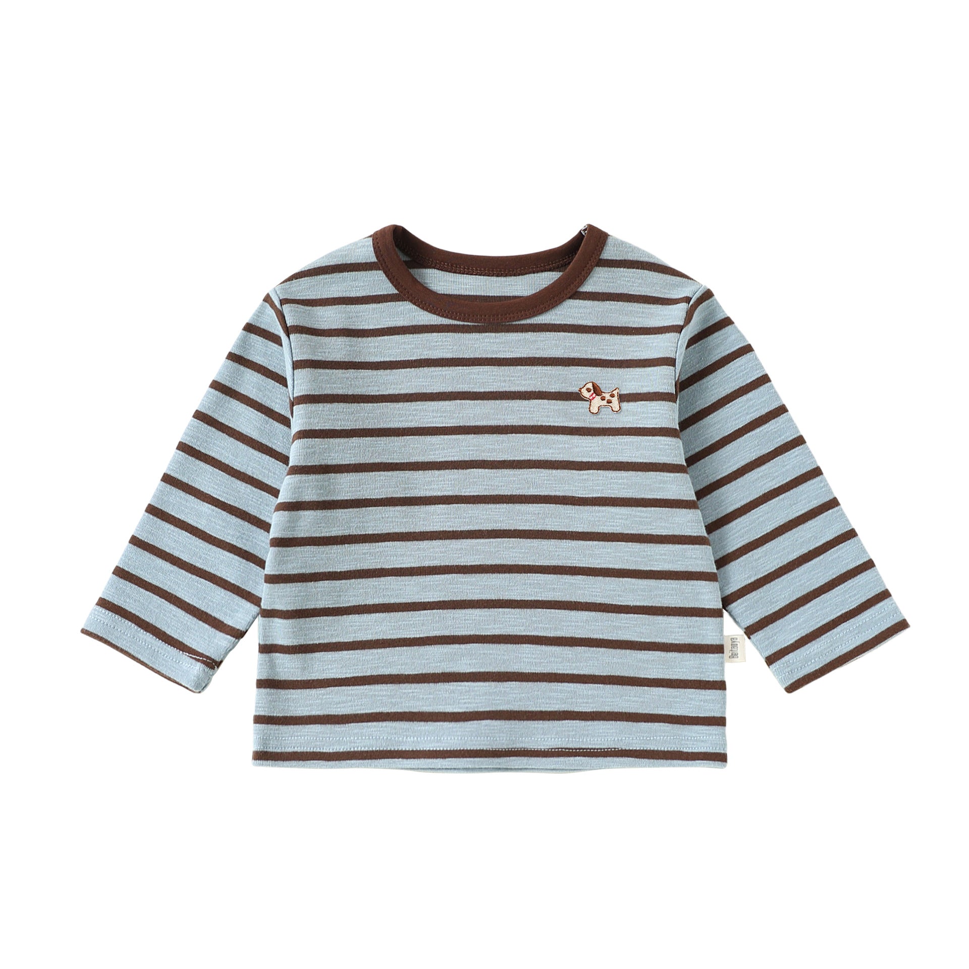 Blue Puppy Stripe cotton baby dungarees with adjustable straps, flat lay
