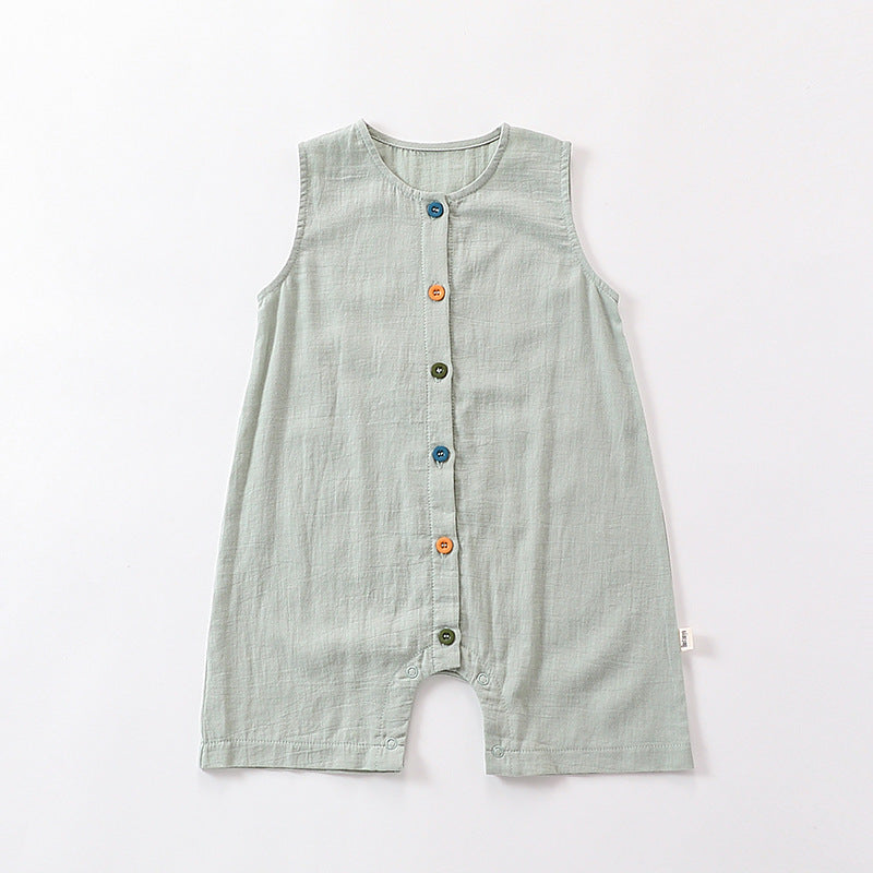 Grey Green sleeveless cotton baby romper with button front