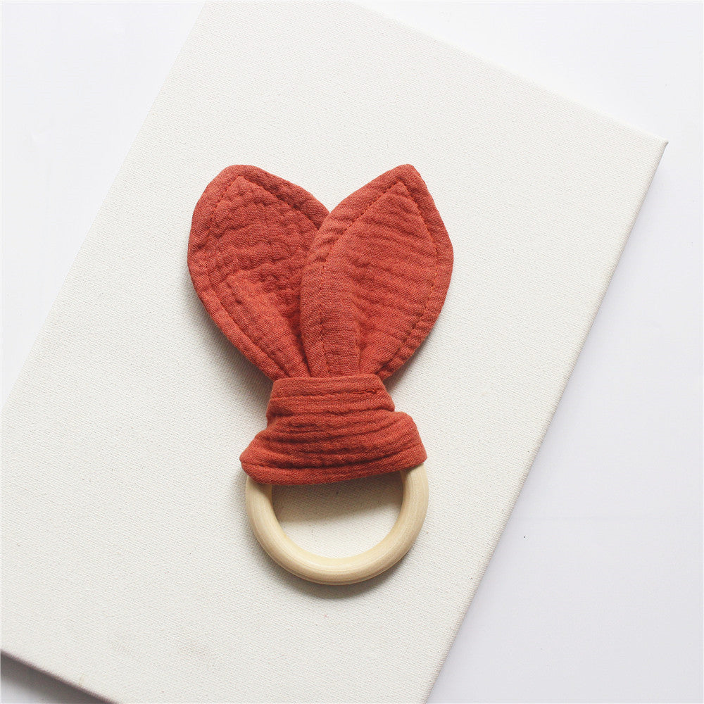 Brick Red wooden teething ring with cotton gauze bunny ears
