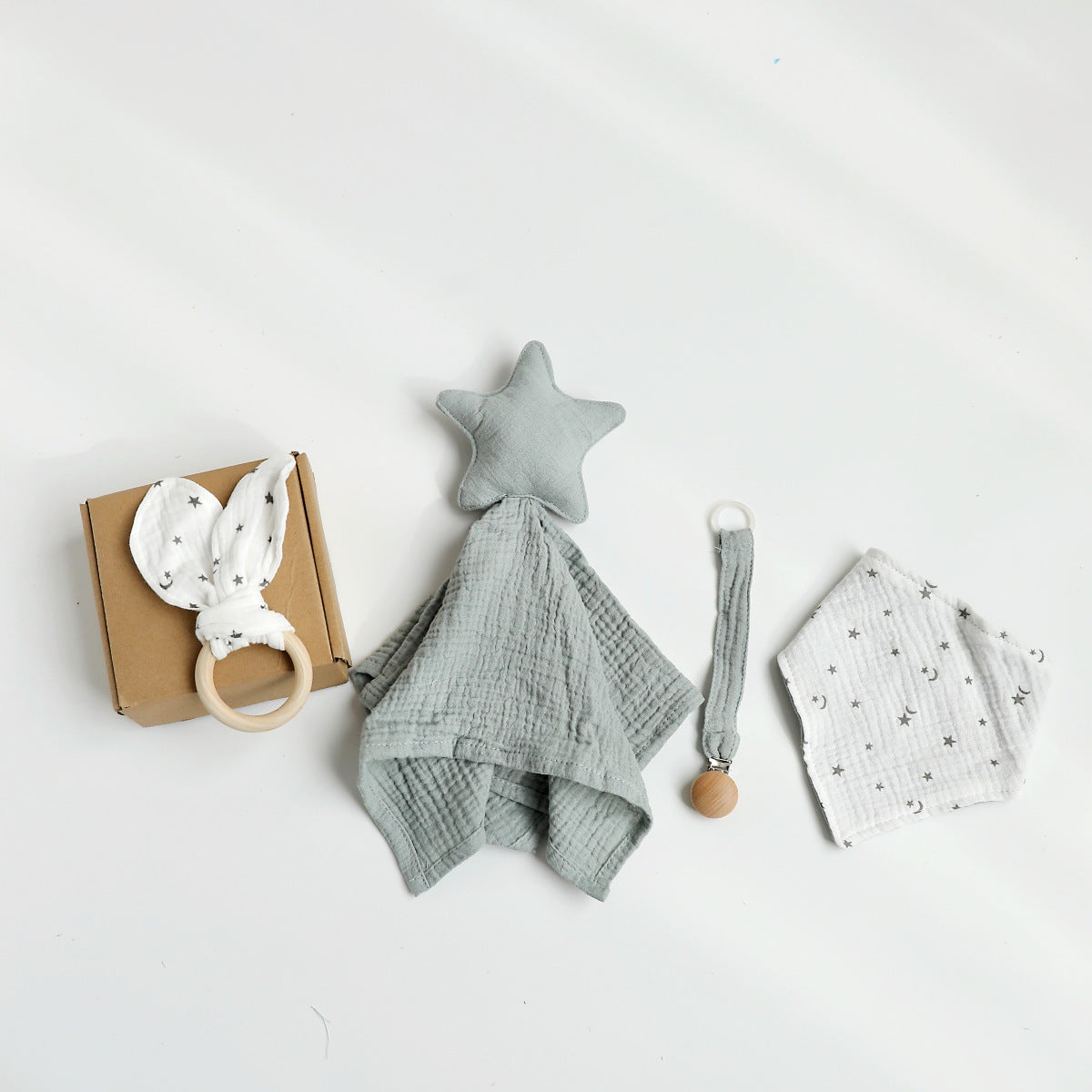 Pea Green Star boxed newborn gift set with comforter and bandana bib
