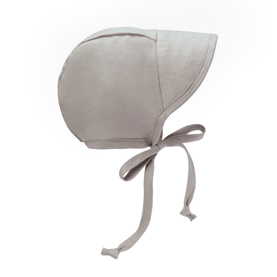 Light Grey baby bonnet with short brim and chin ties