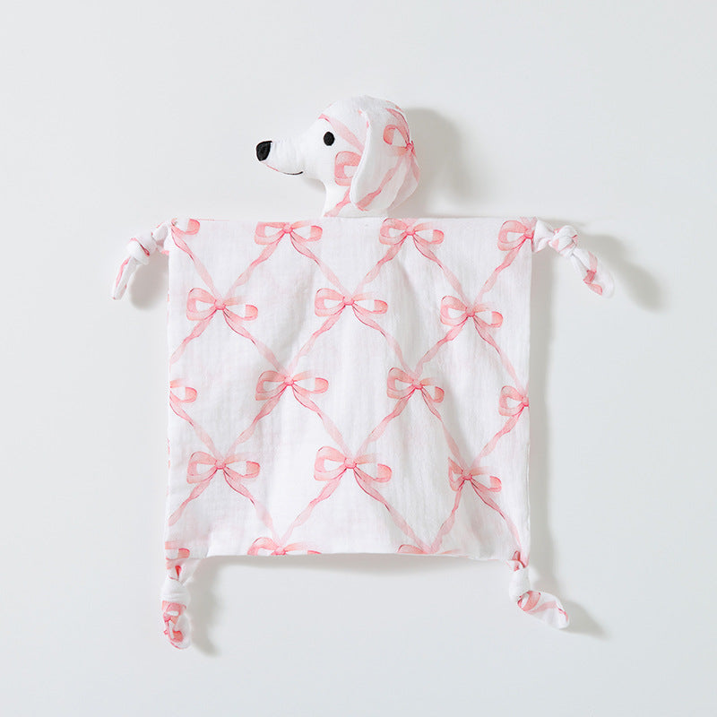 Pink Bow puppy baby comforter and dribble cloth in cotton