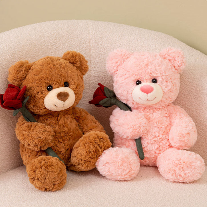 Curly plush teddy bear holding a red fabric rose with a green stem, 30cm – view 6 of 7