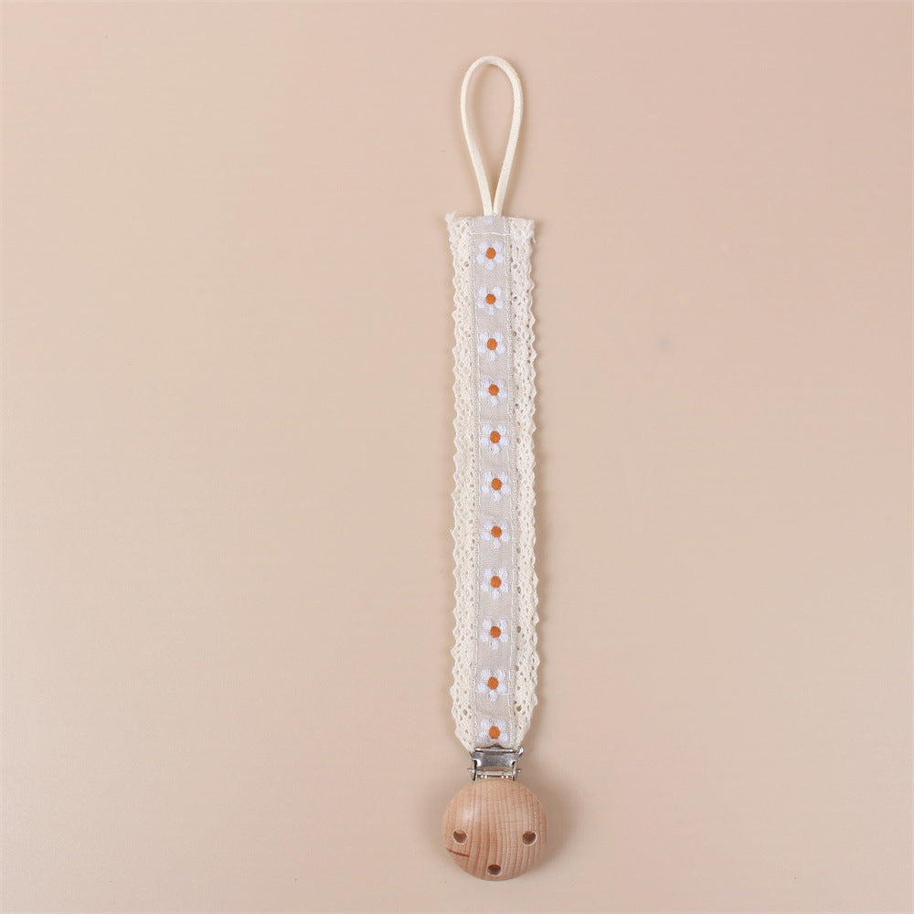Lace Cream Flower embroidered dummy clip with beech wood fastening
