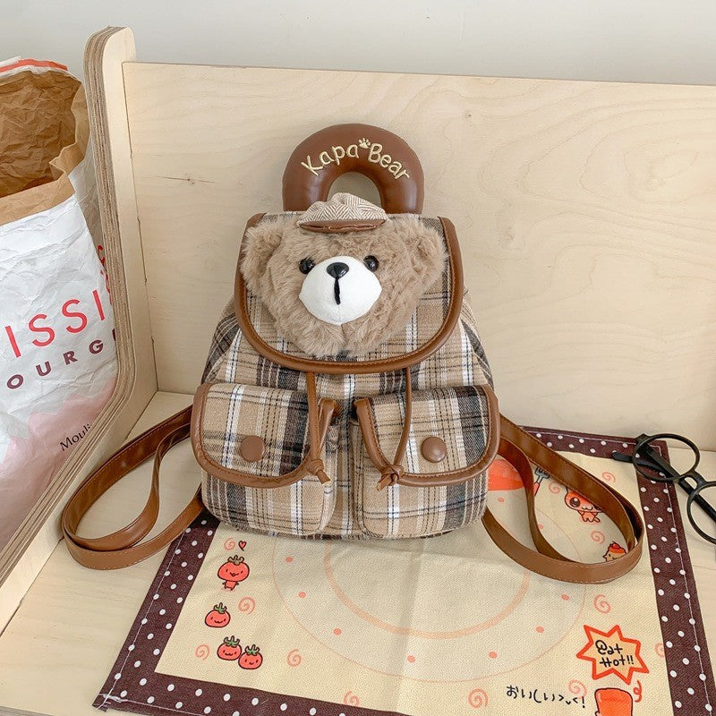 Khaki Check Bear plush gingham drawstring mini backpack, 20 x 22 cm
