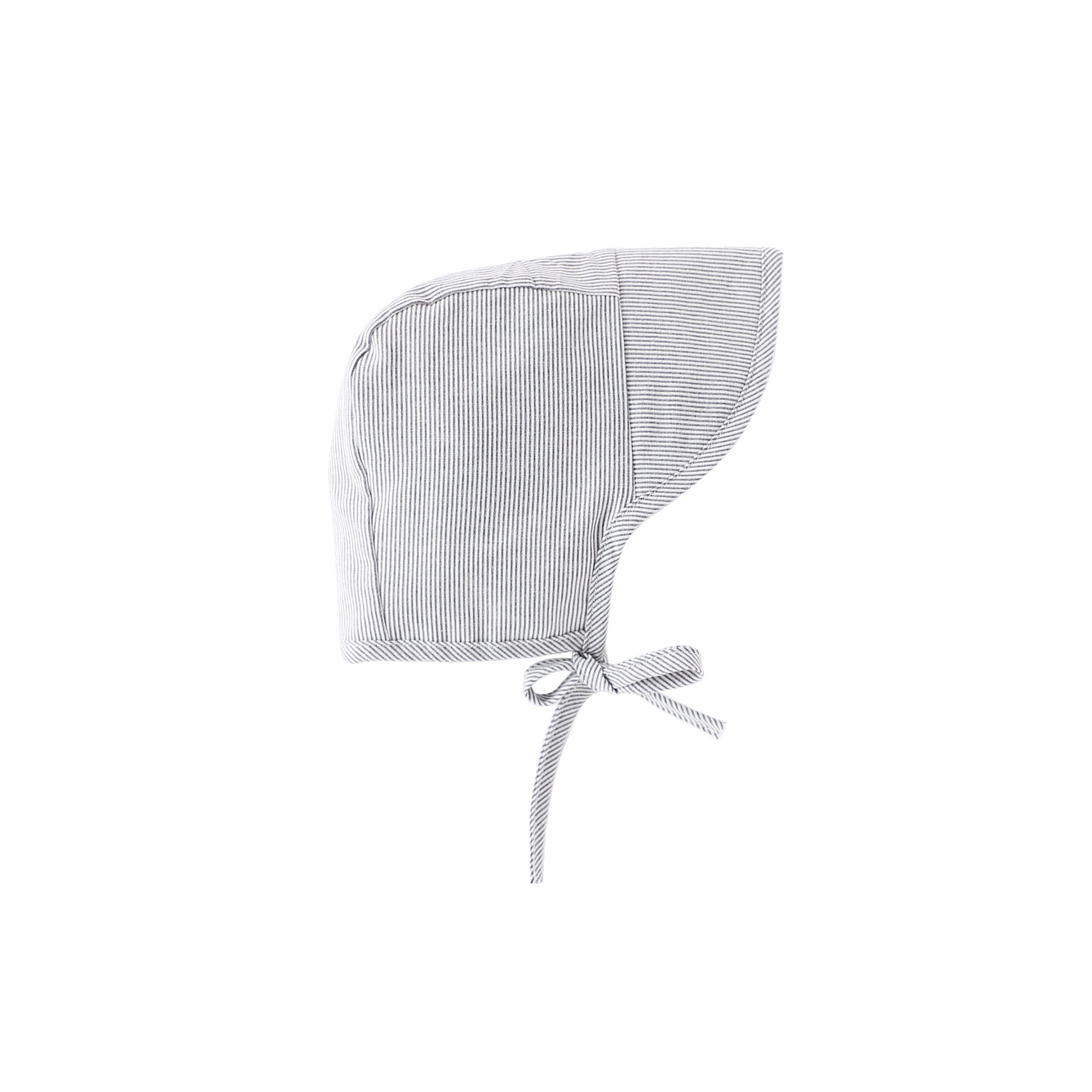 Blue and White Fine Stripe baby bonnet with short brim and chin ties