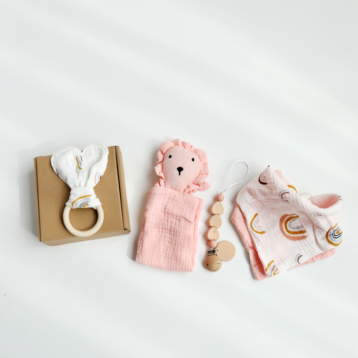 Pink Lion boxed newborn gift set with comforter and bandana bib