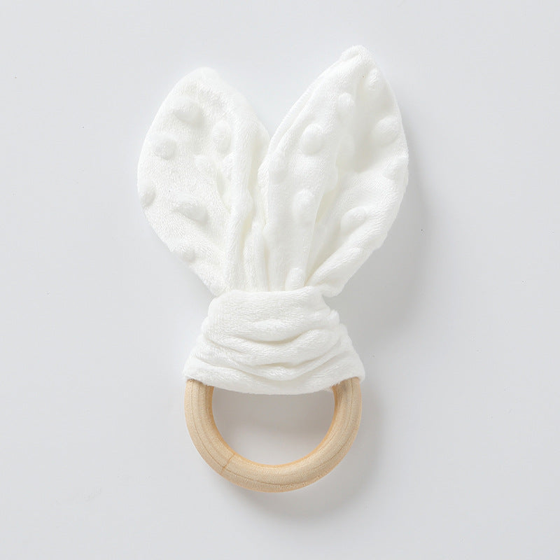 White bunny ear plush baby comforter with wooden ring