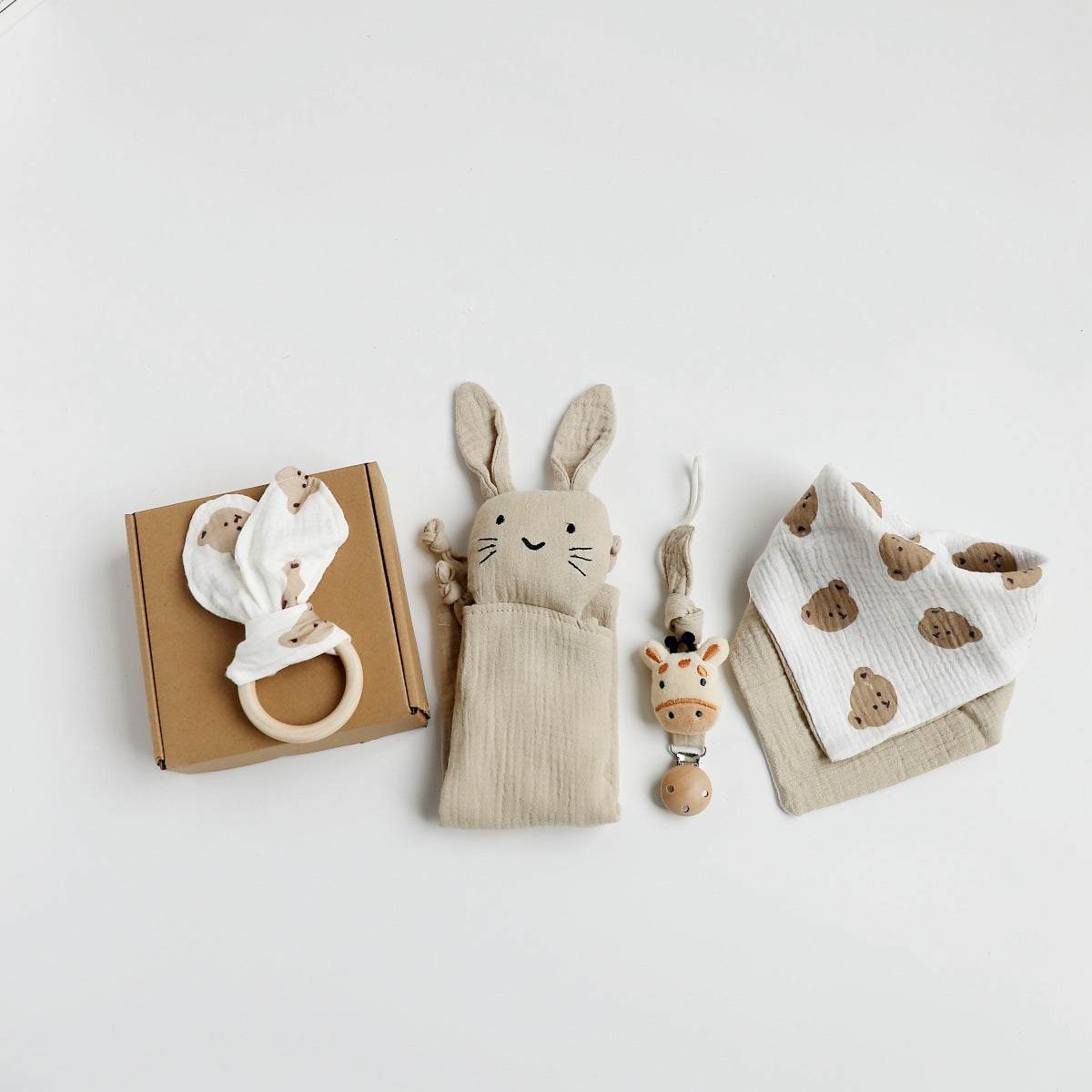 Khaki Cat boxed newborn gift set with comforter and bandana bib