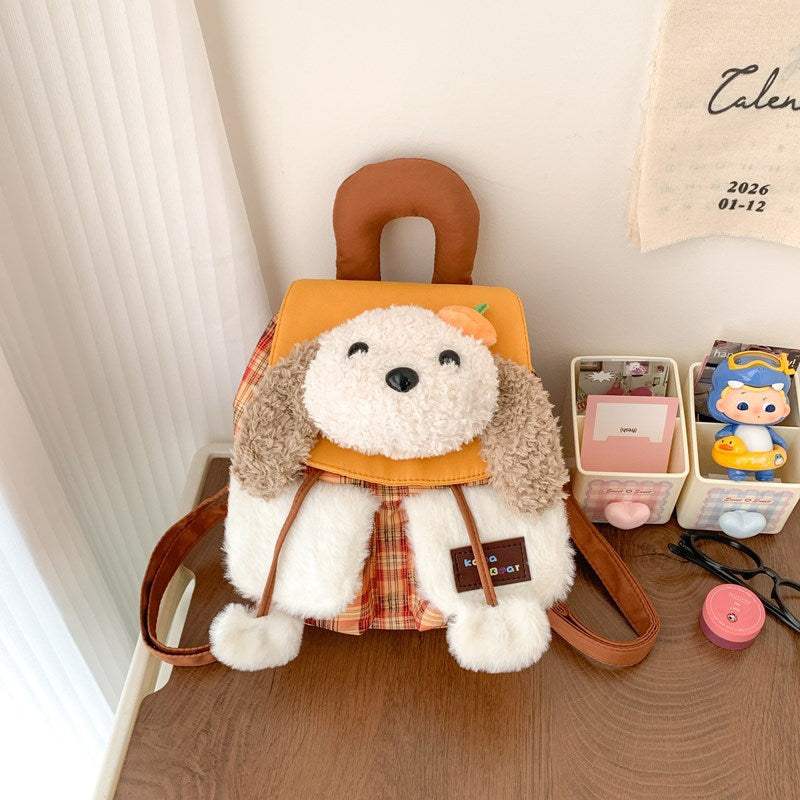 Orange Check Puppy plush gingham drawstring mini backpack, 18 x 21 cm