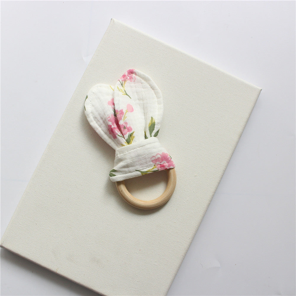Pink Floral wooden teething ring with cotton gauze bunny ears