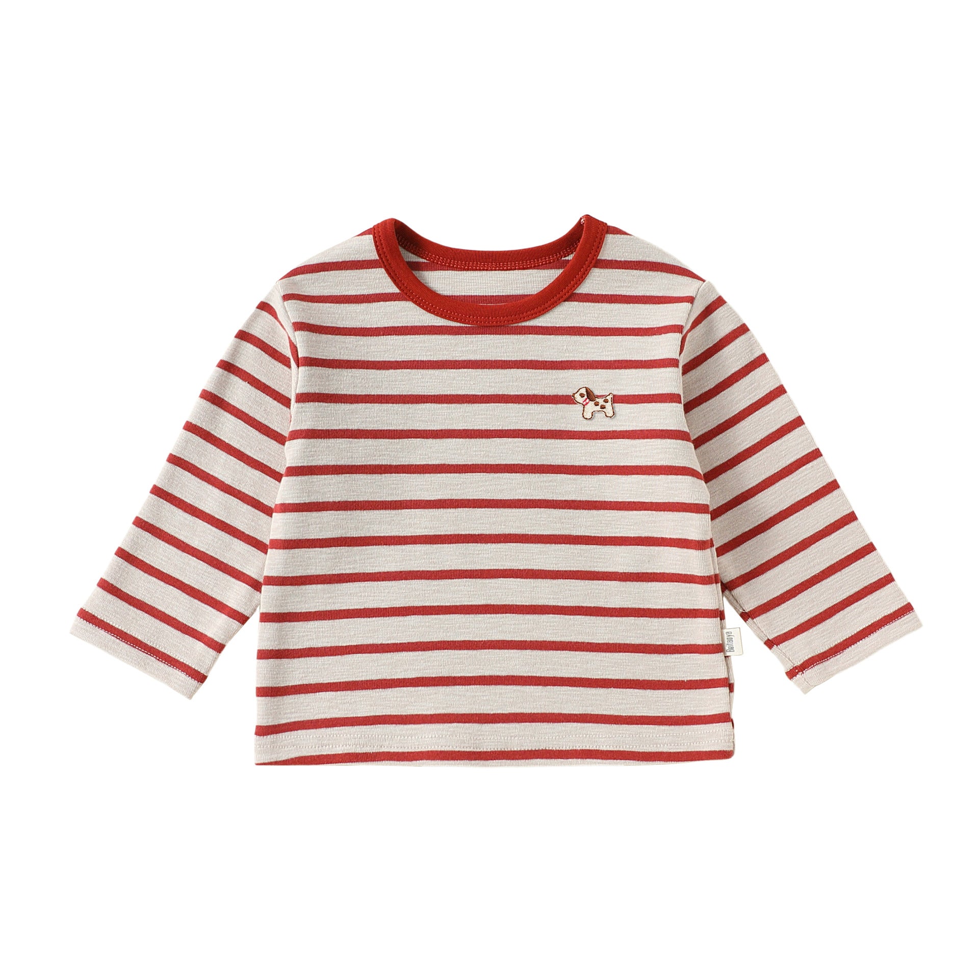 Red Puppy Stripe cotton baby dungarees with adjustable straps, flat lay