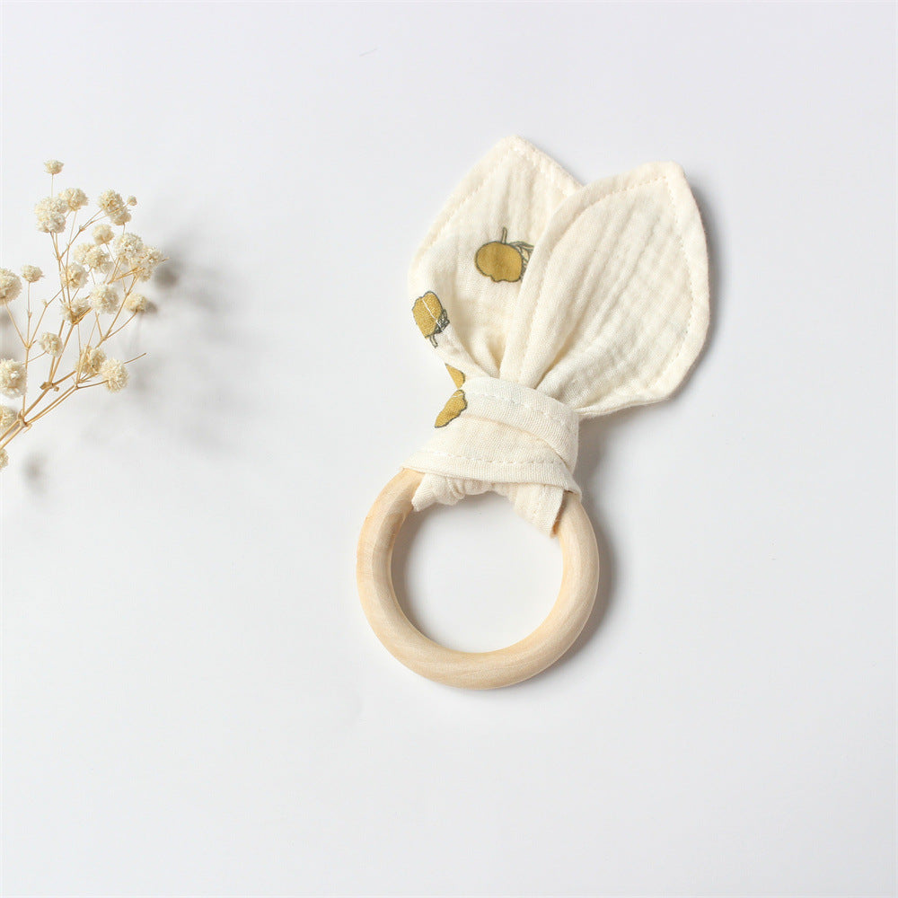 Lemon wooden teething ring with cotton gauze bunny ears