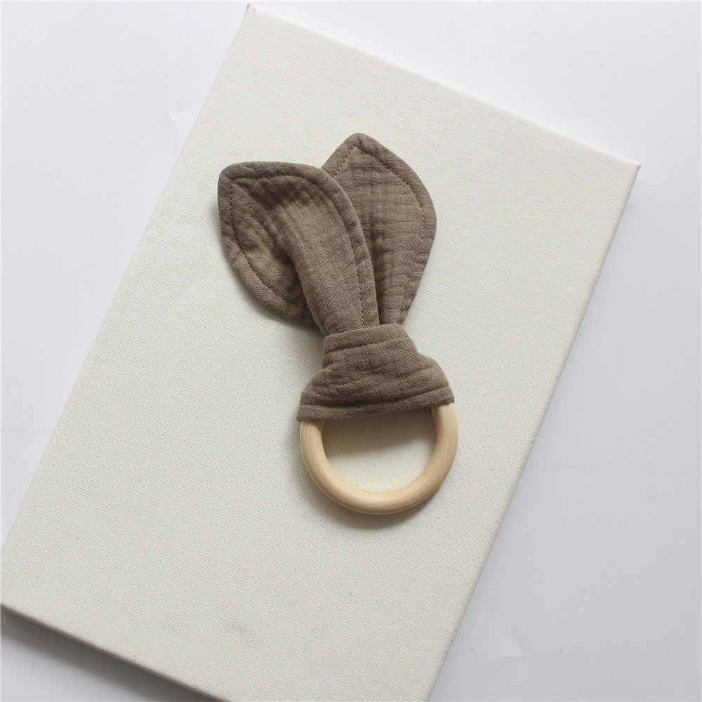 Dark Khaki wooden teething ring with cotton gauze bunny ears