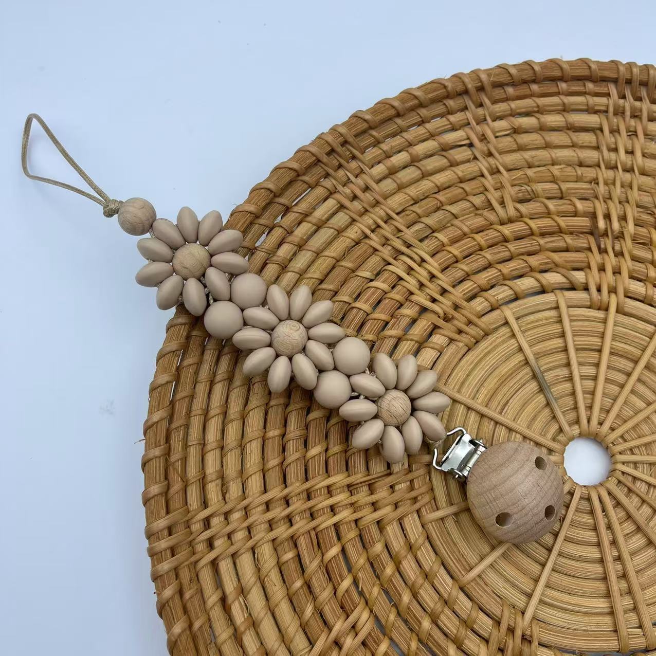 All Khaki silicone beaded dummy clip with carved daisy detail