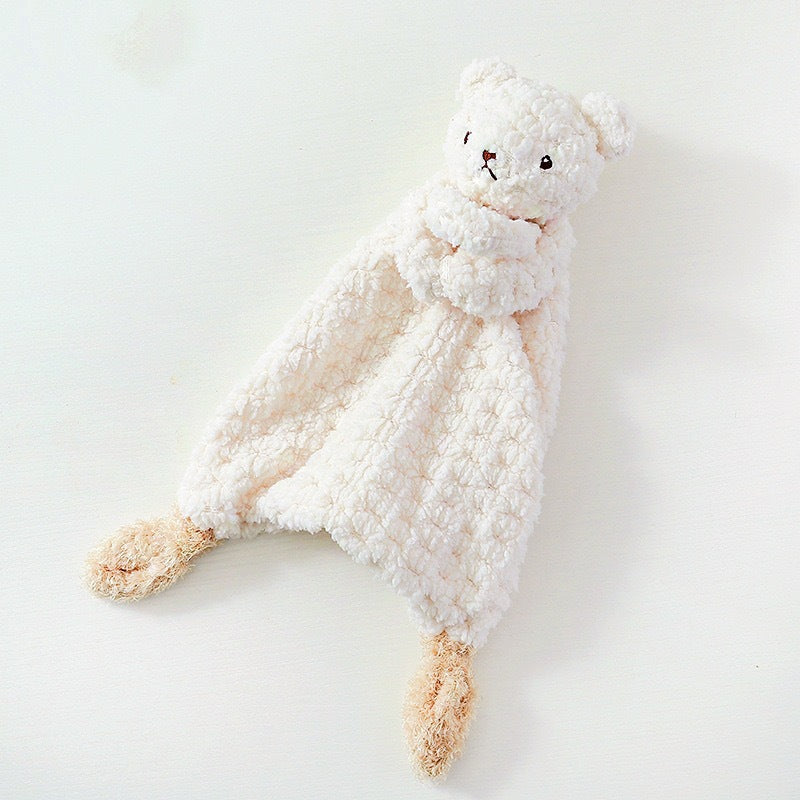 Baby comforter with plush bunny, bear or puppy head on a small comforter blanket – Style A, Beige Bear