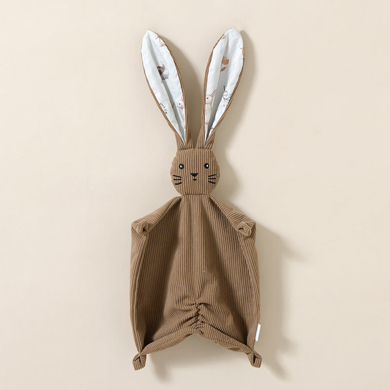 Corduroy bunny baby comforter with long floppy ears and embroidered face – Dark Brown
