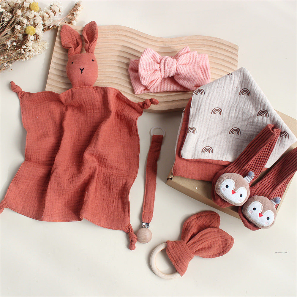 Brick Red Bunny boxed newborn gift set with comforter, bib and socks
