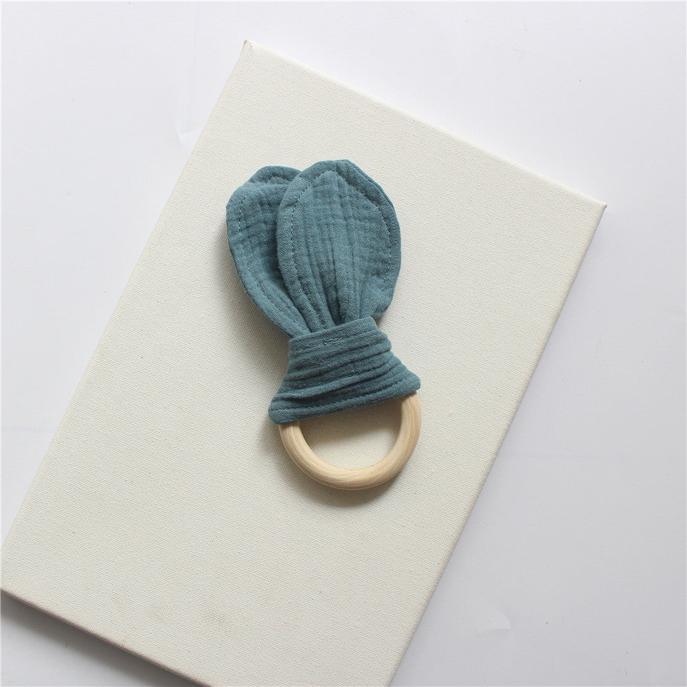 Light Blue wooden teething ring with cotton gauze bunny ears