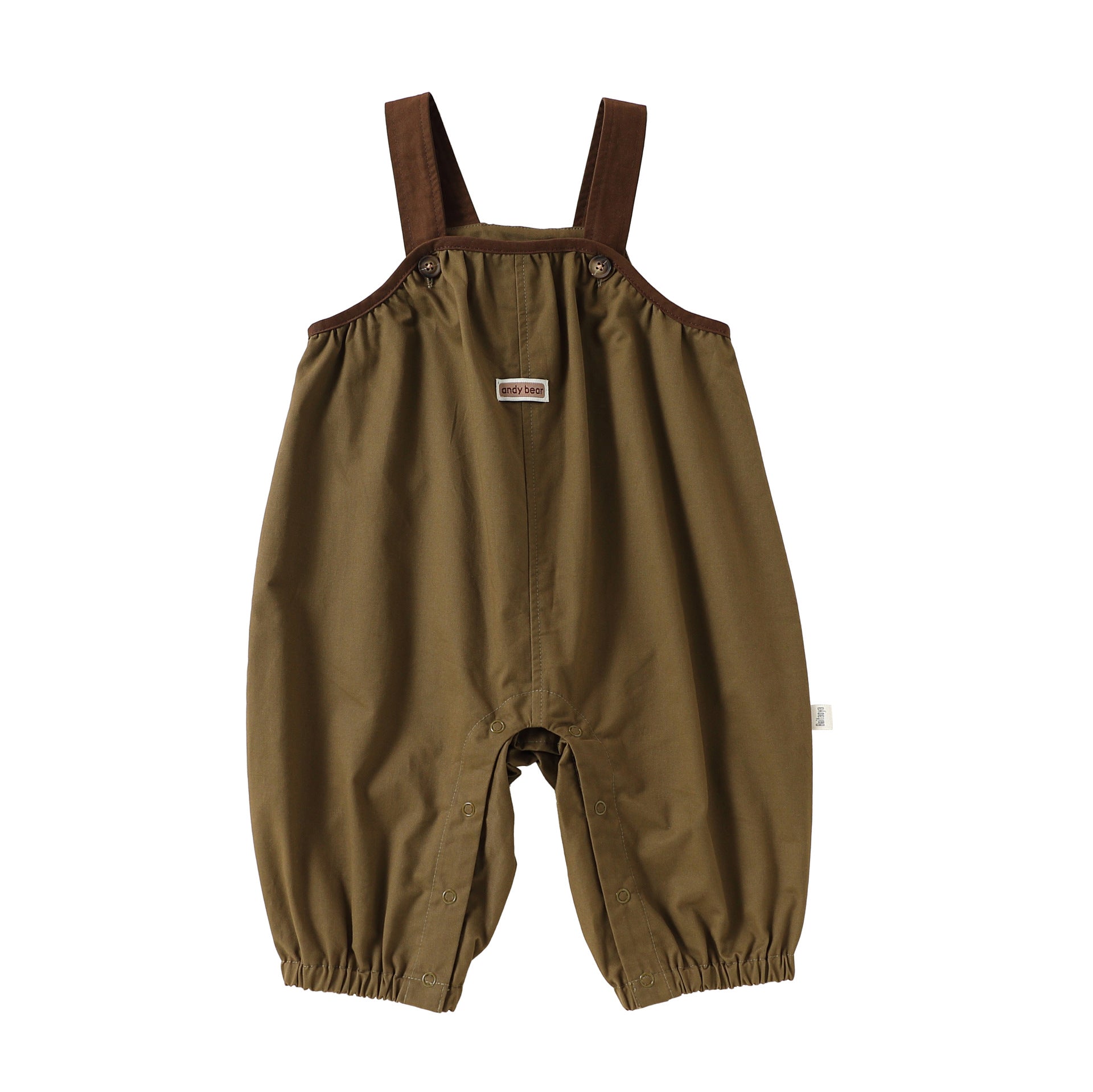 Khaki Green cotton baby dungarees with adjustable straps, flat lay