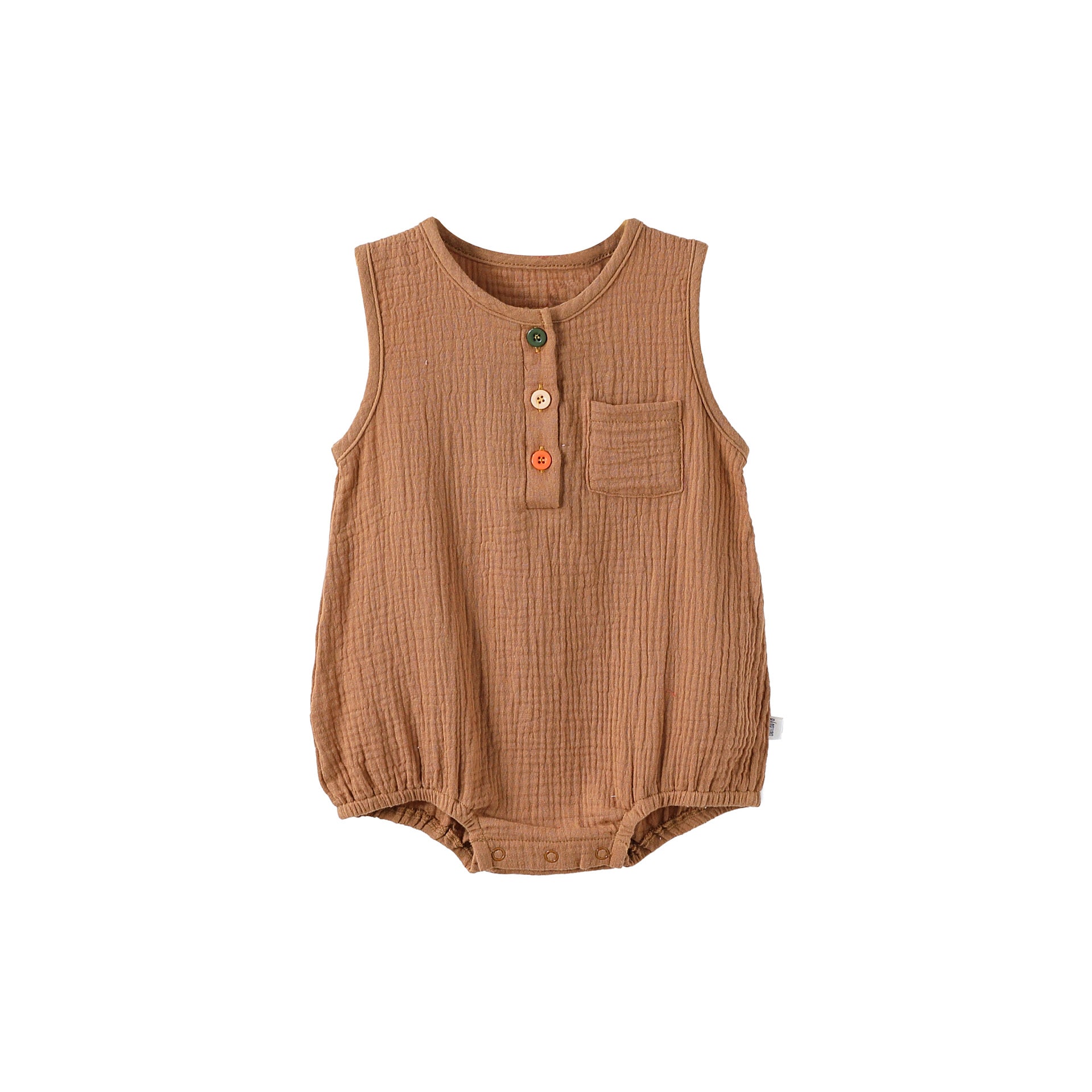 Coffee sleeveless cotton baby bodysuit, flat lay
