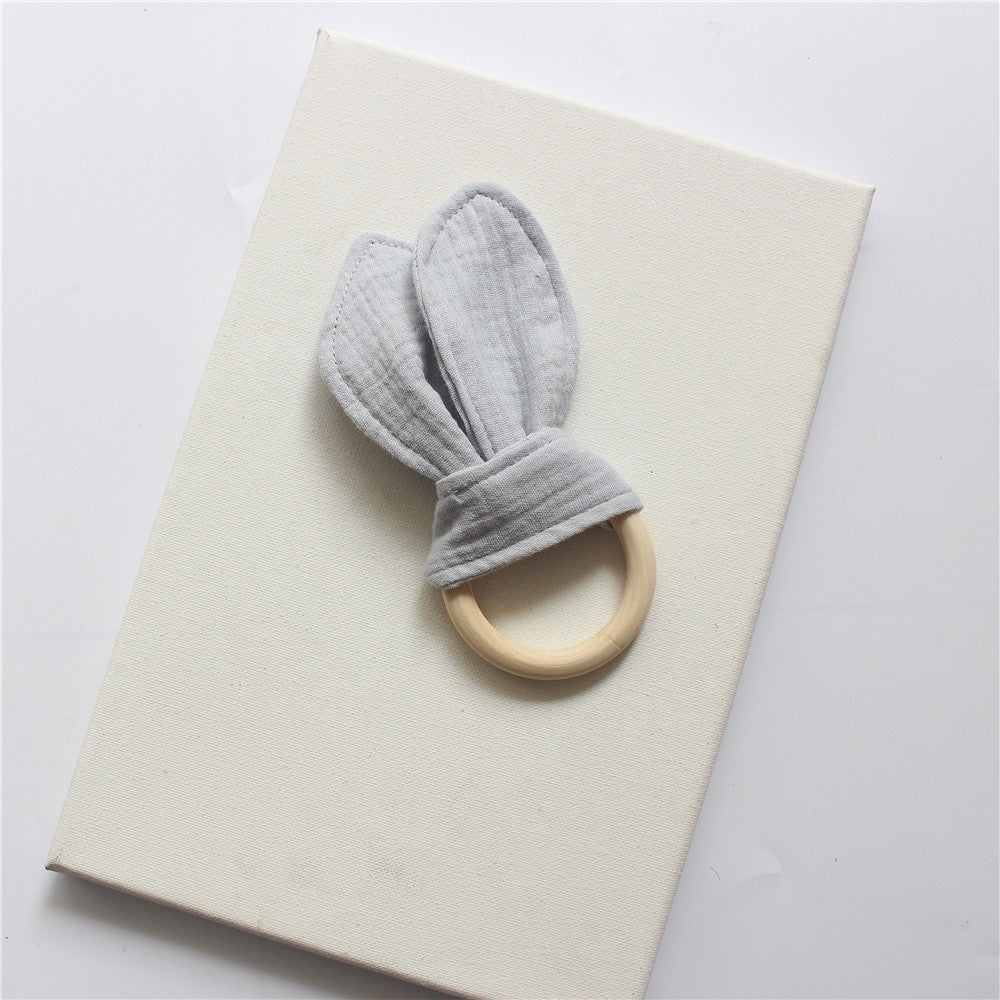Grey Blue wooden teething ring with cotton gauze bunny ears