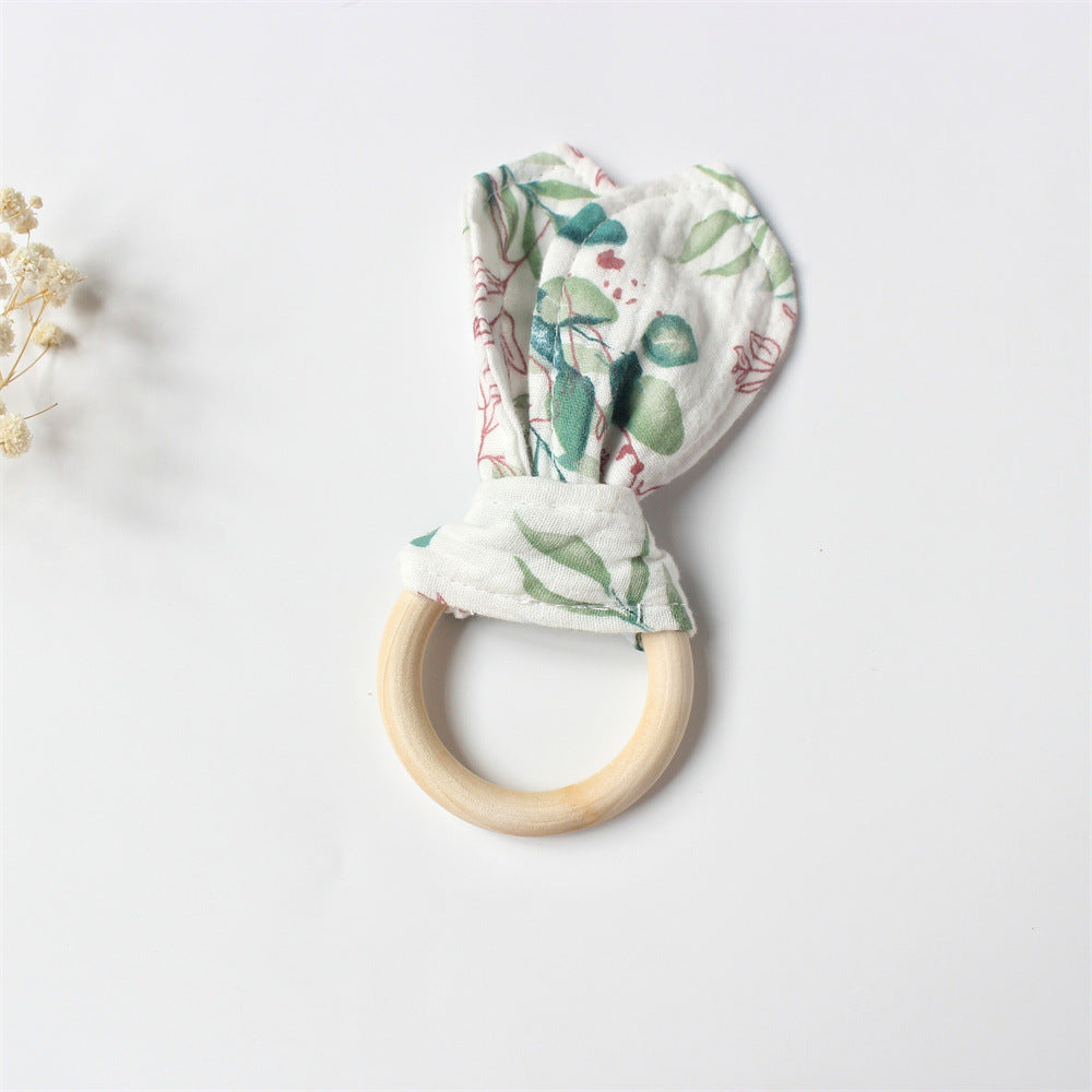 Vine wooden teething ring with cotton gauze bunny ears
