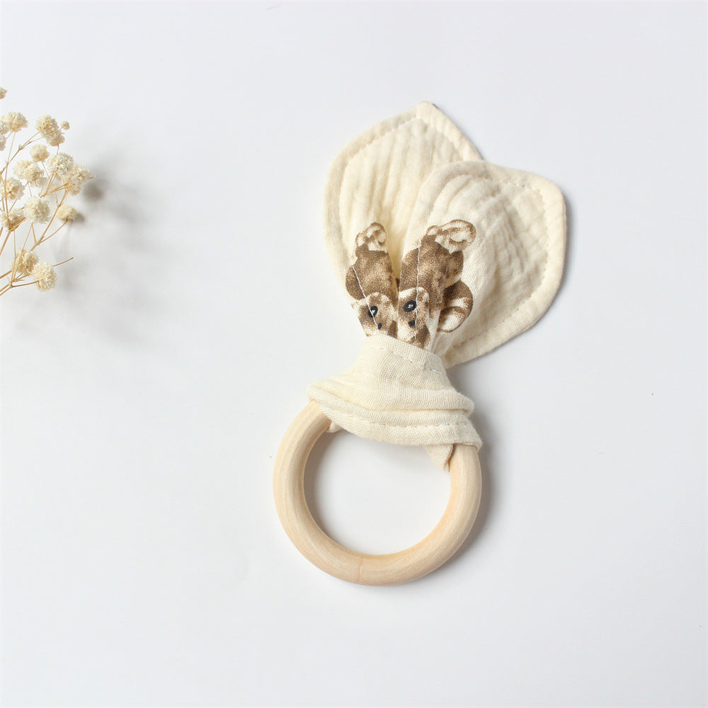 Little Bear wooden teething ring with cotton gauze bunny ears