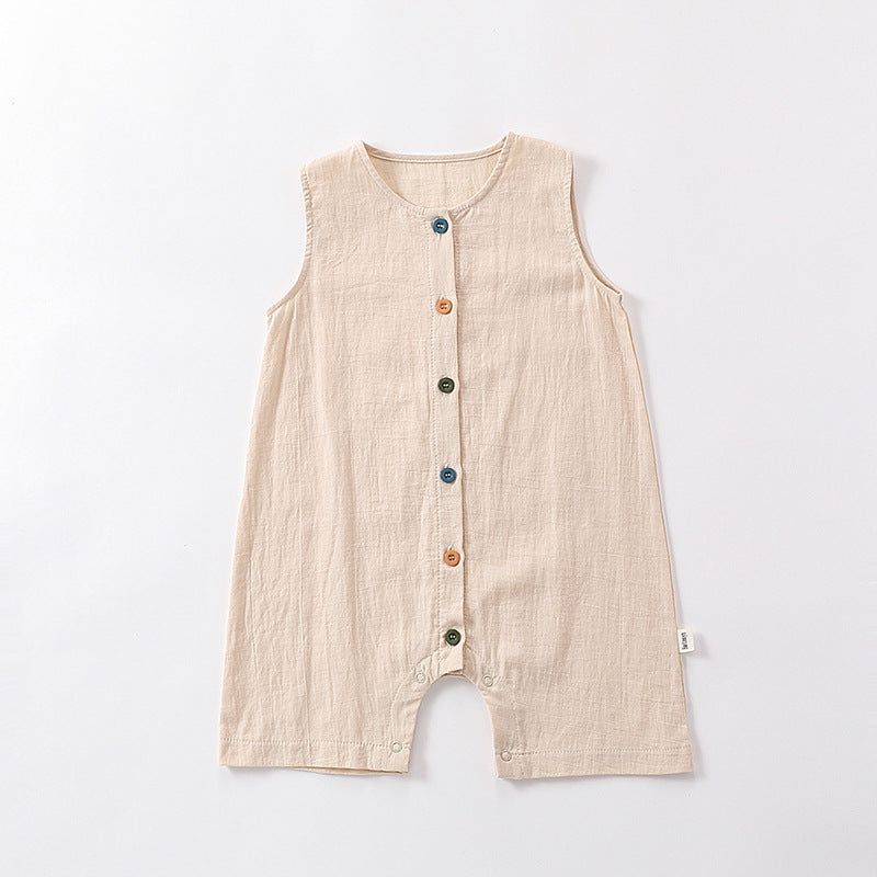 Apricot sleeveless cotton baby romper with button front