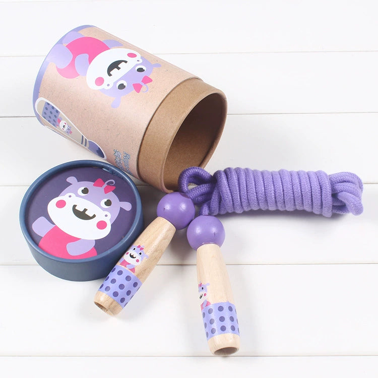 Wooden Skipping Rope – Hippo Design, Beech Handles, Cotton Rope, Adjustable 3–5 m, Ages 3+