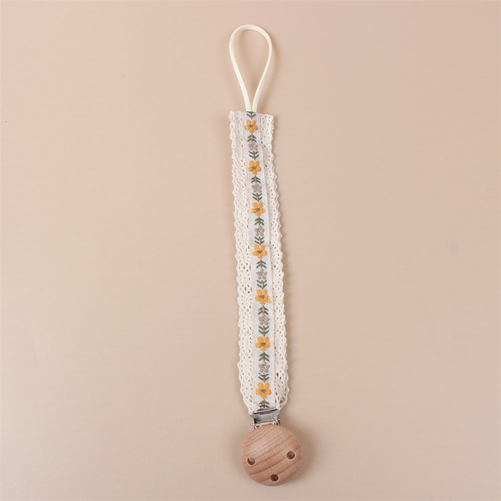 Lace Yellow Flower embroidered dummy clip with beech wood fastening