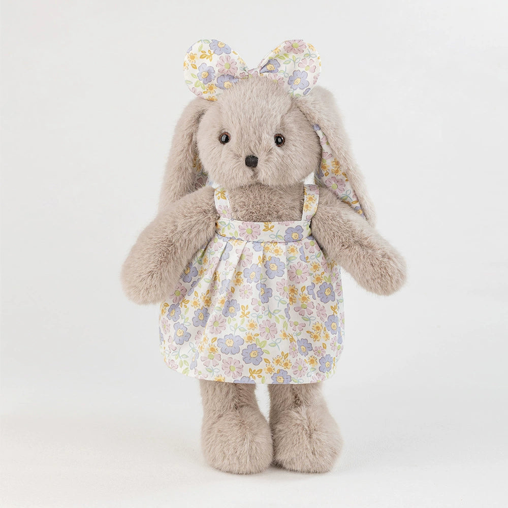 Grey Rabbit Doll – Plush Bunny in a Cotton Floral Dress, 35 cm, Ages 3+