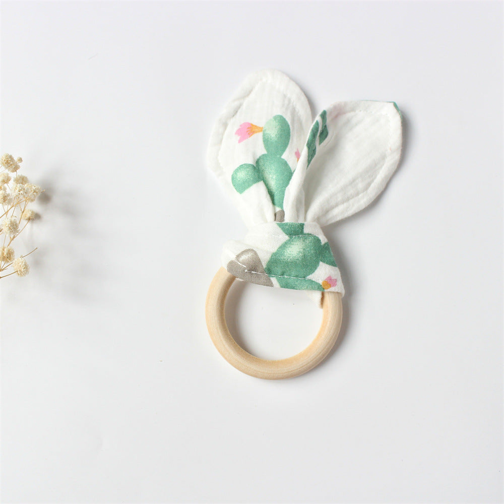 Cactus wooden teething ring with cotton gauze bunny ears