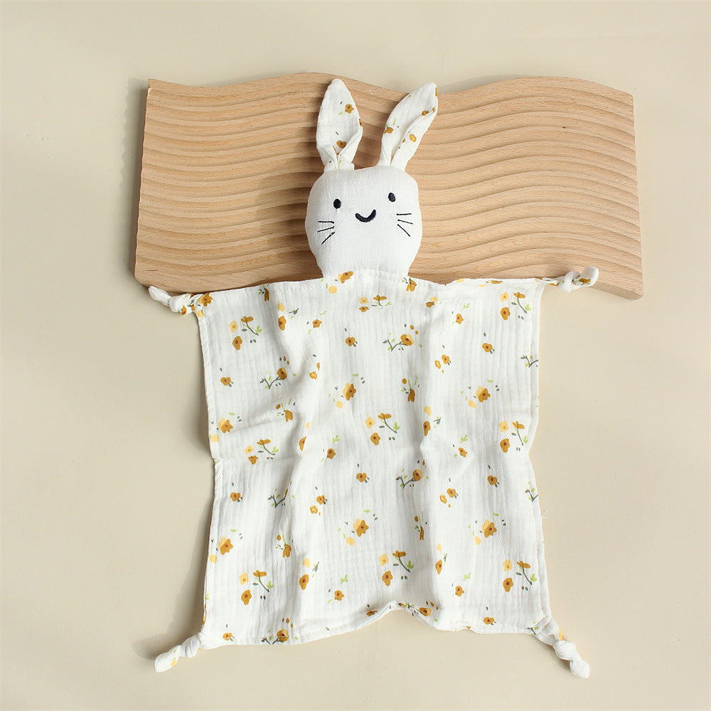 Yellow Ditsy Floral cat muslin baby comforter in cotton gauze