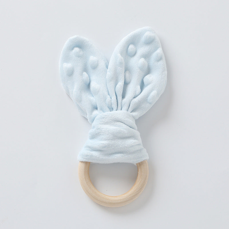Light Blue bunny ear plush baby comforter with wooden ring