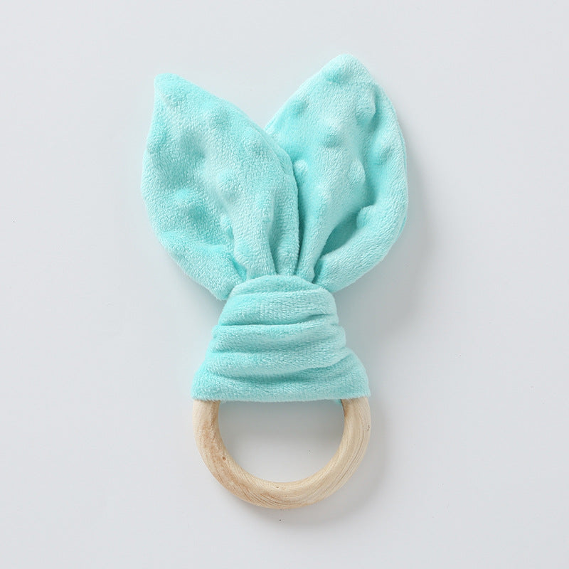 Teal bunny ear plush baby comforter with wooden ring